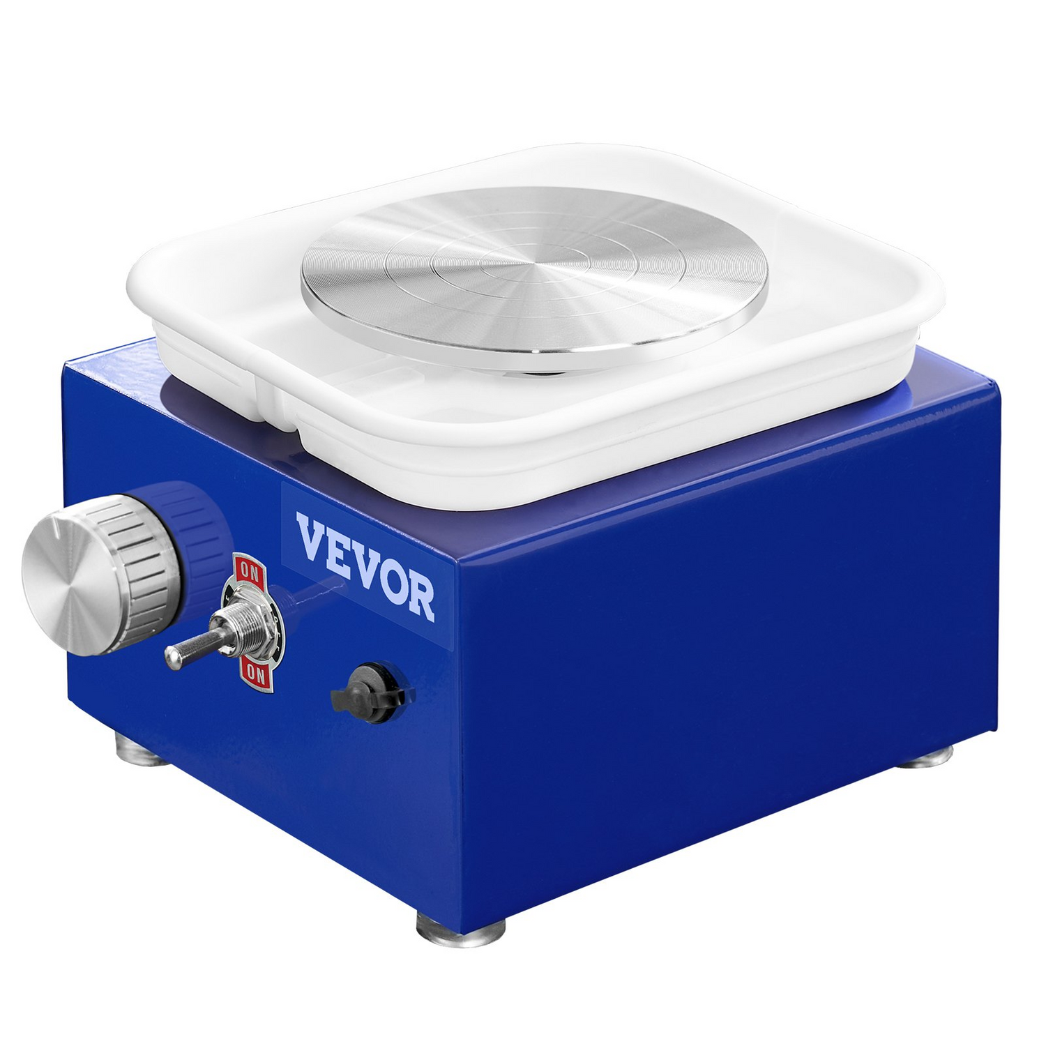 Vevor mini pottery wheel for kids and beginners with adjustable speed, ceramic turntables, blue color, and included pottery accessories.