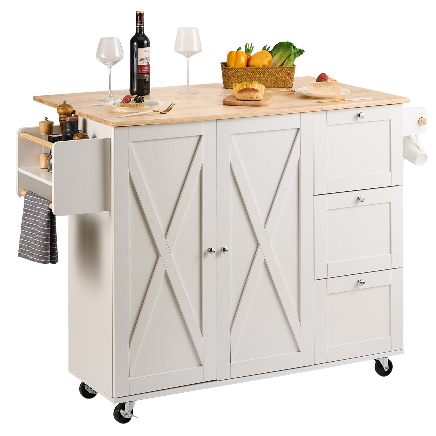 Start2Finish VEVOR kitchen island cart with solid wood top, storage cabinet, spice rack, towel rack, drop leaf, and wheels in white.