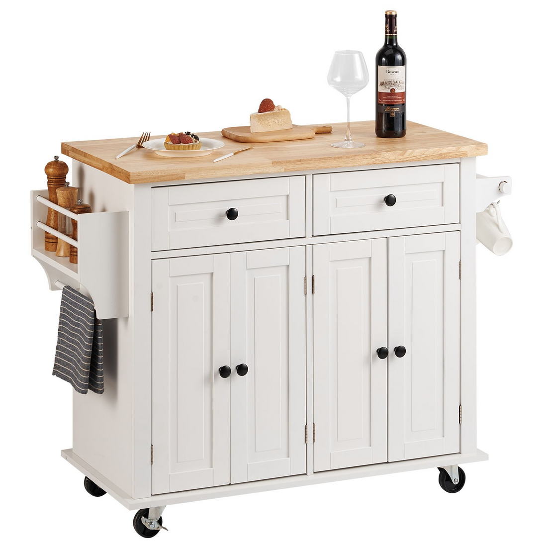 Start2Finish VEVOR kitchen island cart with solid wood top, storage cabinet, spice rack, towel rack, drawer, on wheels in white.