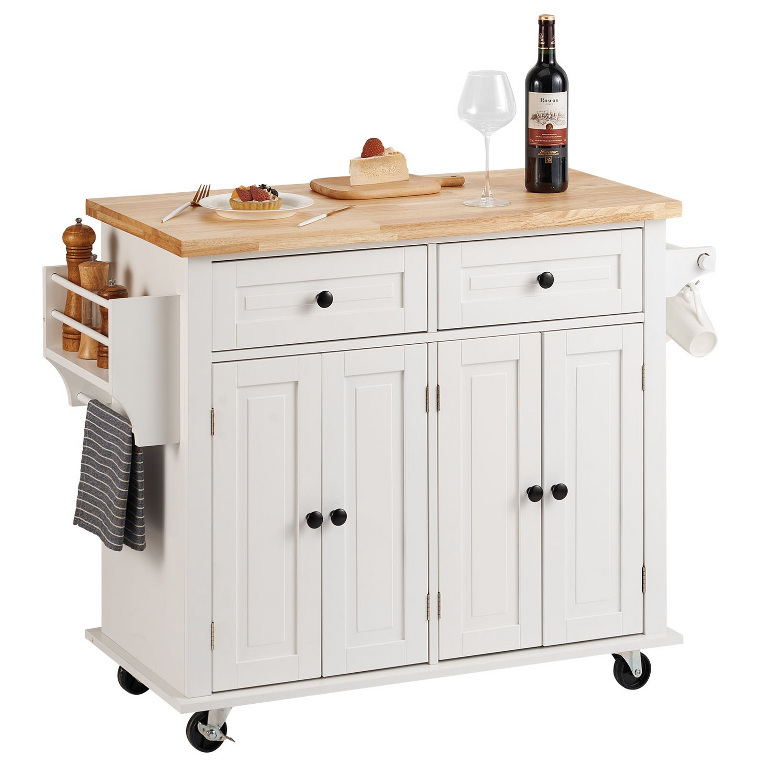Start2Finish VEVOR kitchen island cart with solid wood top, storage cabinet, spice rack, towel rack, drawer, on wheels in white.