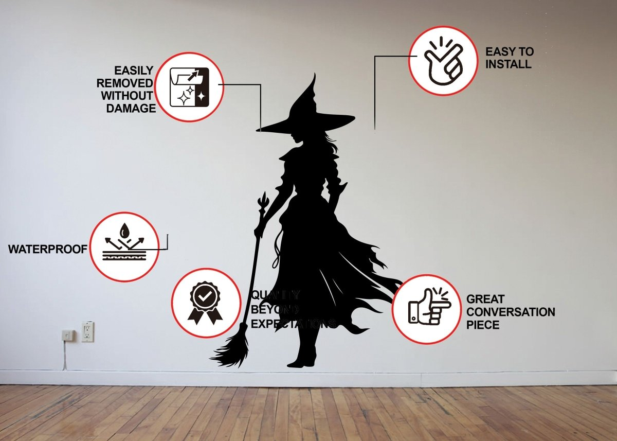 Black witch silhouette decal for Halloween decoration, featuring enchanted design, ideal for home decor, by Start2Finish.