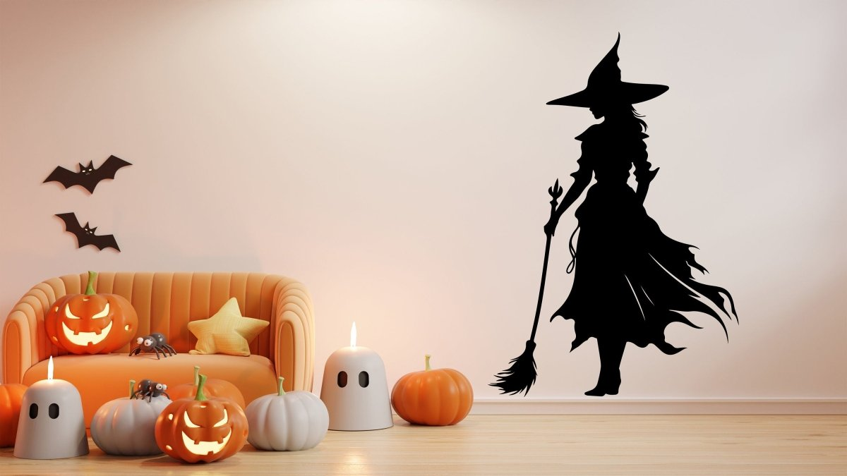 Black witch silhouette decal for Halloween home decor featuring enchanted elegance, ideal for festive wall or window decoration.