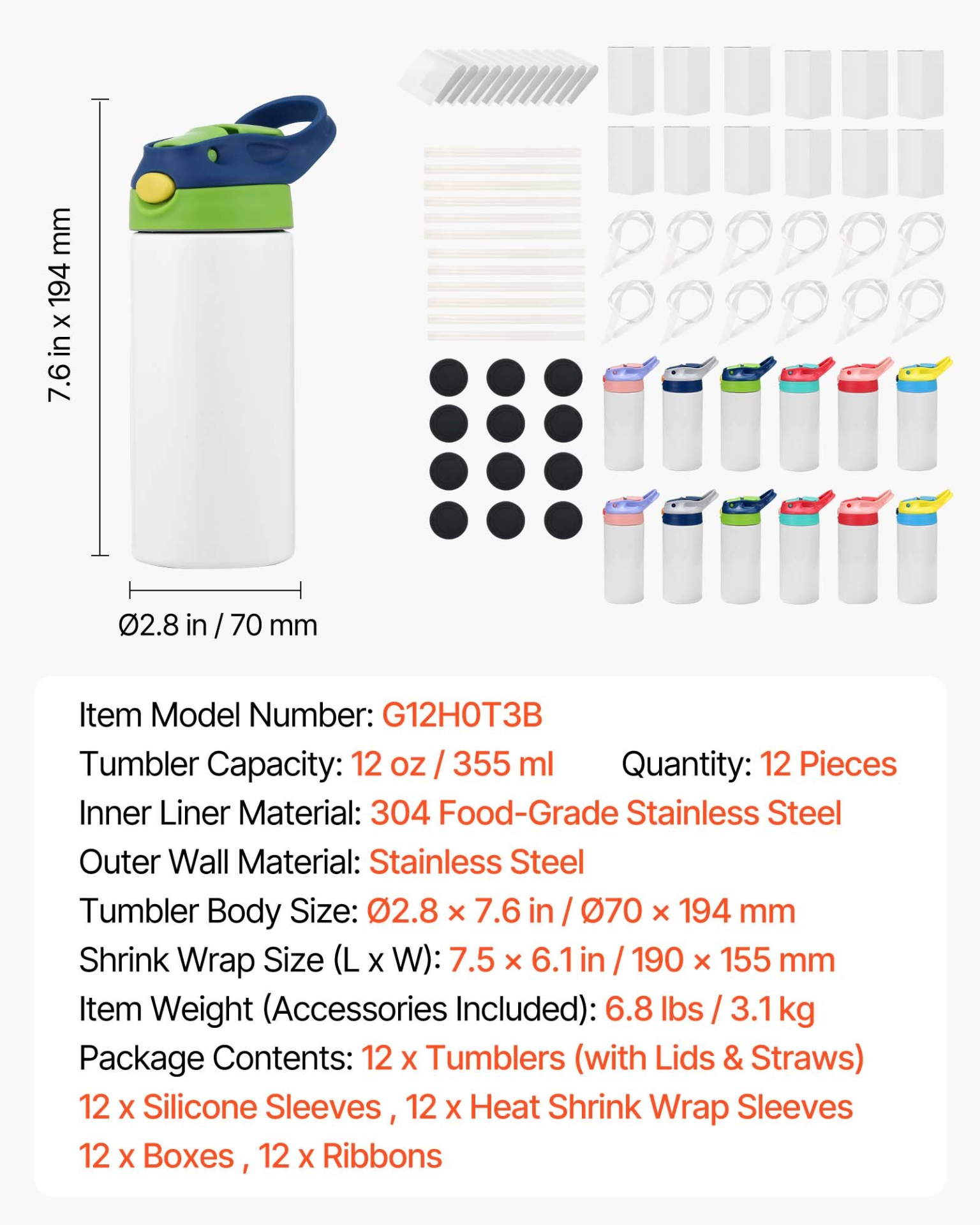 Set of 12 VEVOR stainless steel sublimation tumblers with lids and straws, 12 oz kids water bottles, double wall insulated craft cups