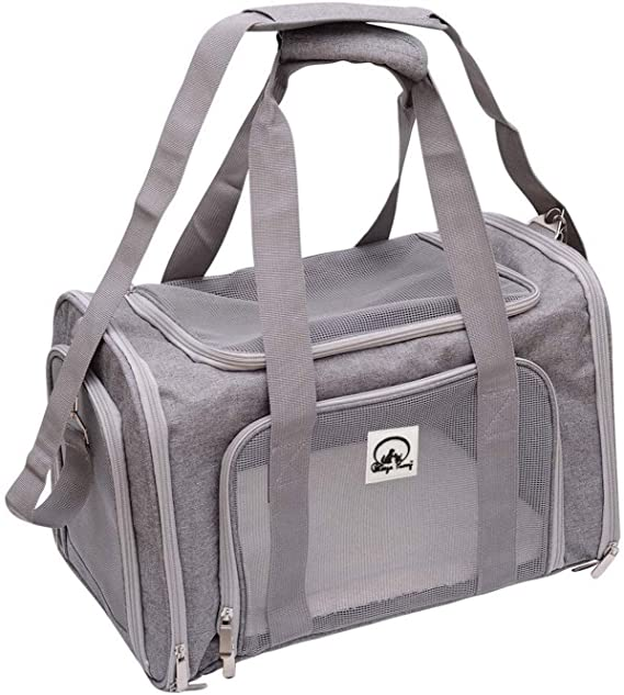 Grey Start2Finish airline approved pet carrier bag, 20-inch size, with mesh panels and zippered openings for pet travel.