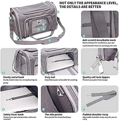 Grey Start2Finish airline approved pet carrier bag on a plain background, 20-inch size for travel with small pets.