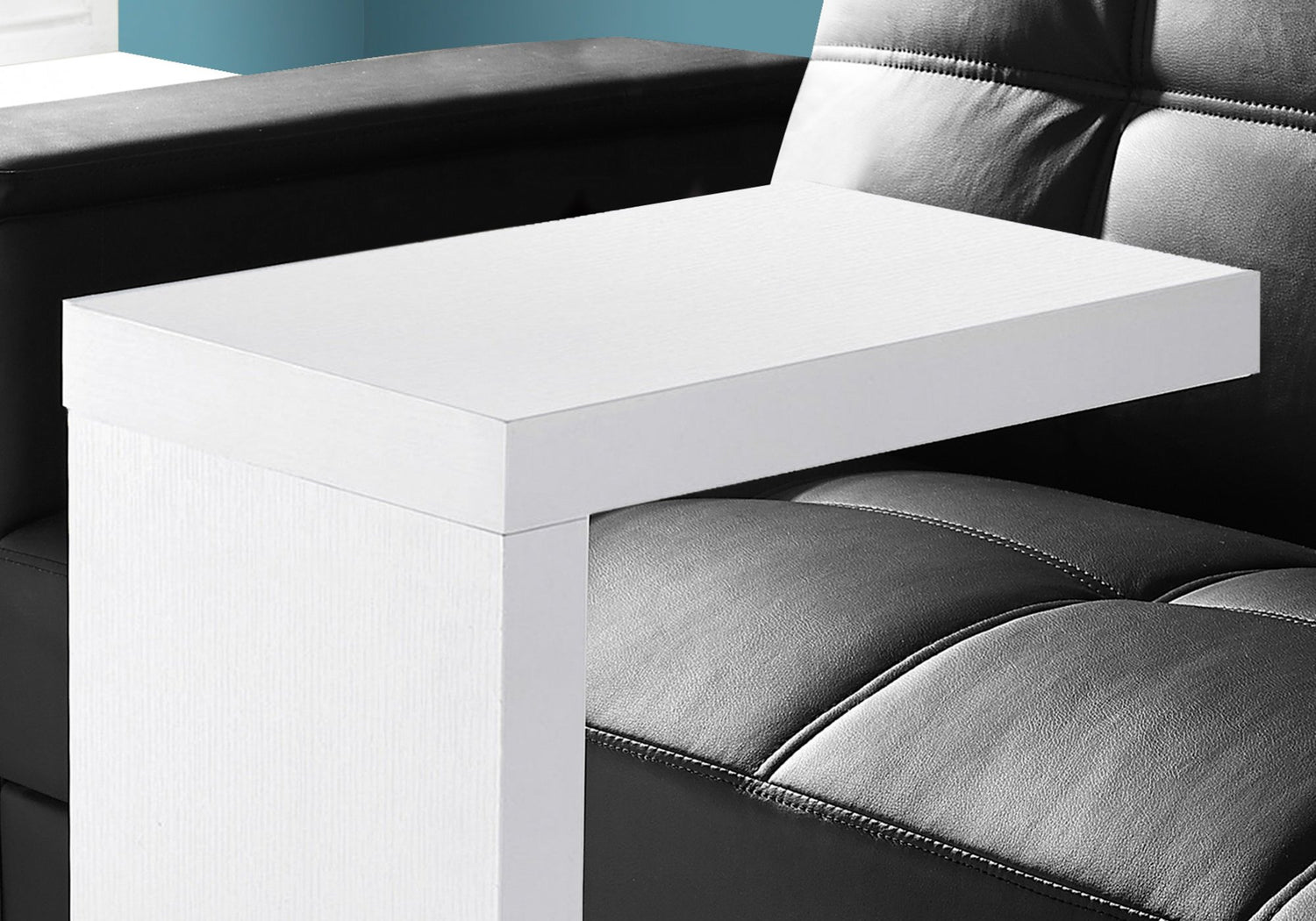 White hollow core particle board accent table measuring 11.5" x 18" x 24" by Jade, with a sleek modern design.