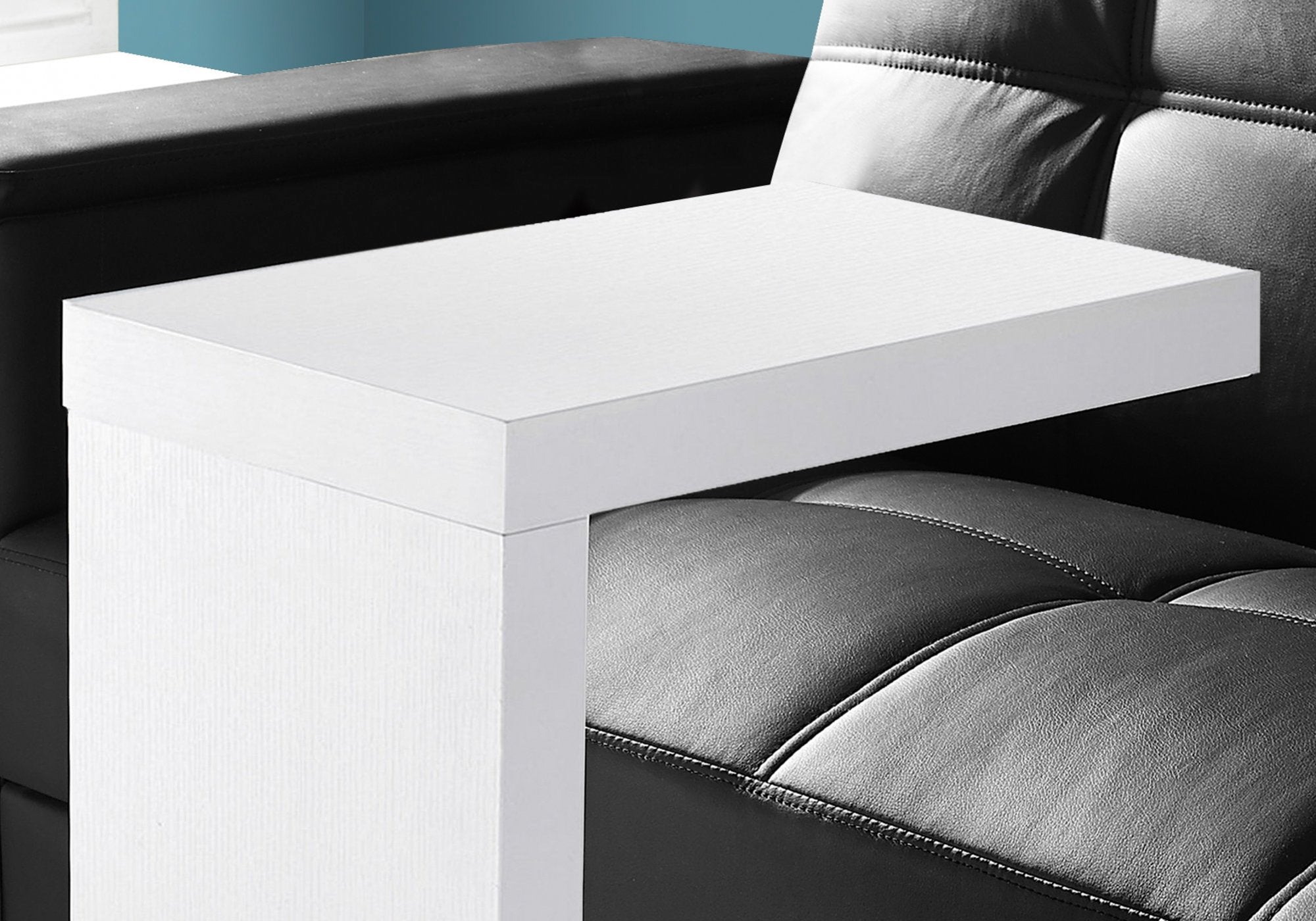 White hollow core particle board accent table measuring 11.5" x 18" x 24" by Jade, with a sleek modern design.