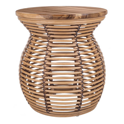 Start2Finish Quito rattan side table with wood top, natural woven rattan frame and compact design for living room or bedroom use.