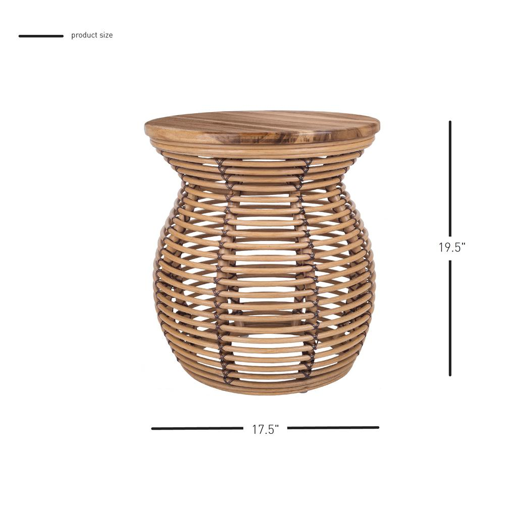 Start2Finish Quito rattan side table with wood top, showcasing a round design and natural woven rattan texture.