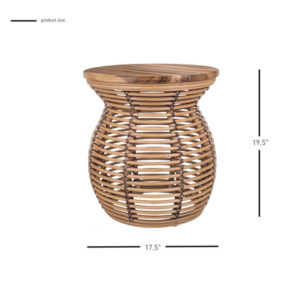 Start2Finish Quito rattan side table with wood top, showcasing a round design and natural woven rattan texture.