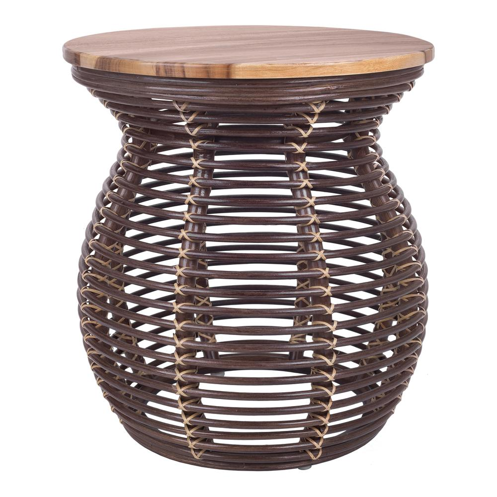 Start2Finish Quito rattan side table with wood top, featuring woven rattan sides and a smooth wooden surface for living room decor.