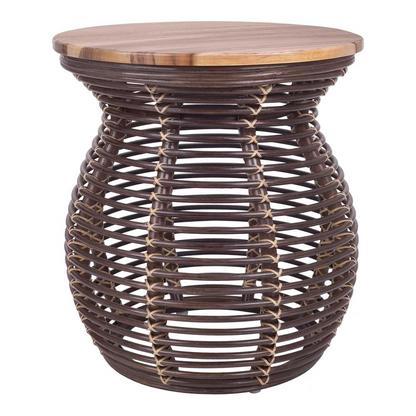 Start2Finish Quito rattan side table with wood top, featuring woven rattan sides and a smooth wooden surface for living room decor.