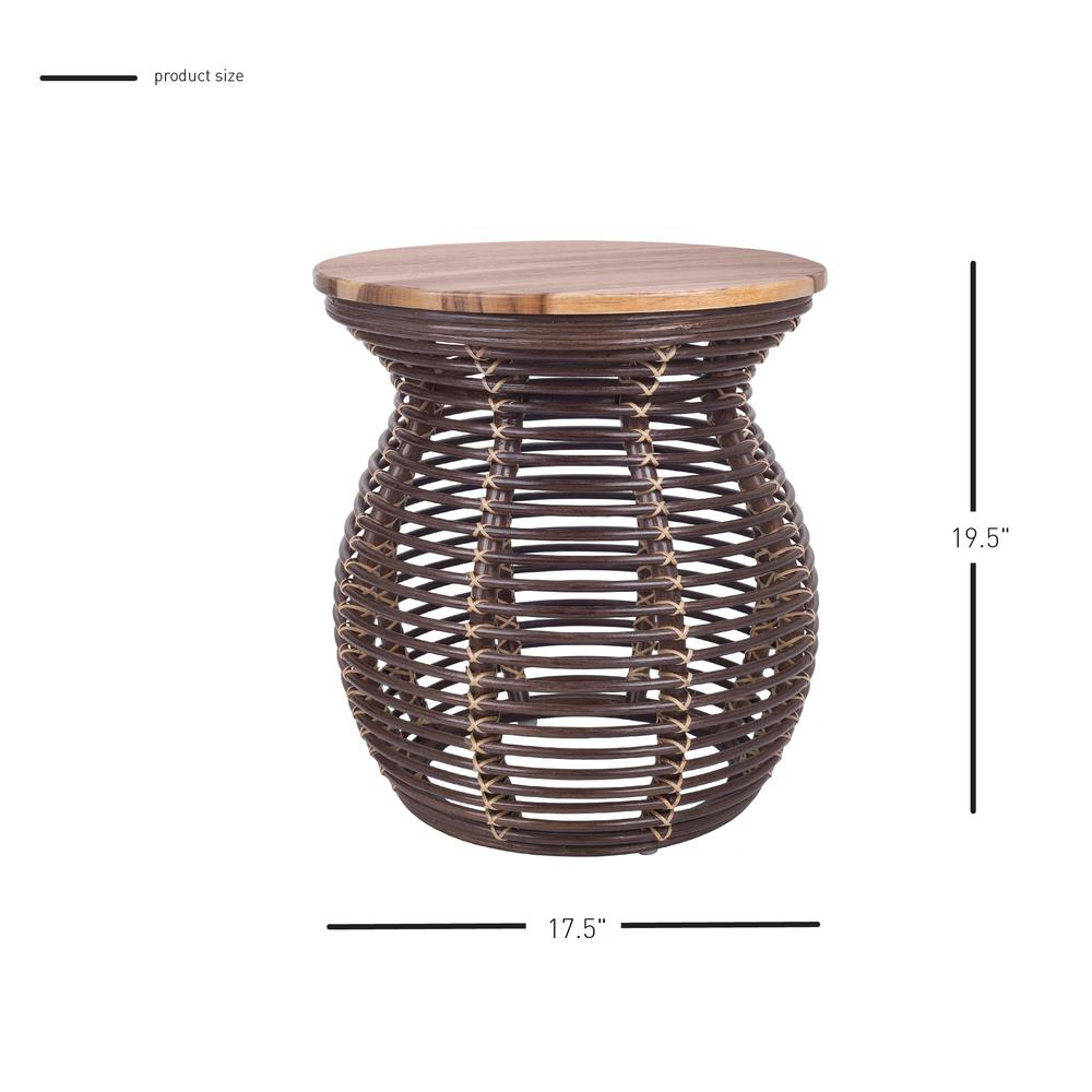 Start2Finish Quito rattan side table with wood top, showcasing a stylish woven rattan design and smooth wooden surface.