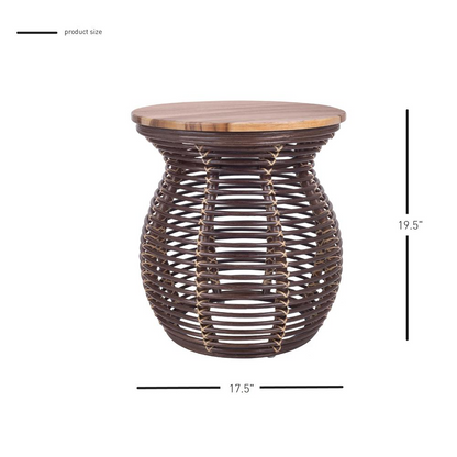 Start2Finish Quito rattan side table with wood top, showcasing a stylish woven rattan design and smooth wooden surface.