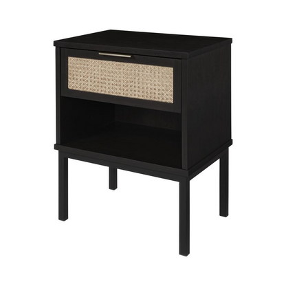 Start2Finish Caine Rattan Nightstand with a wooden top, featuring a modern design and open shelf for bedroom storage.