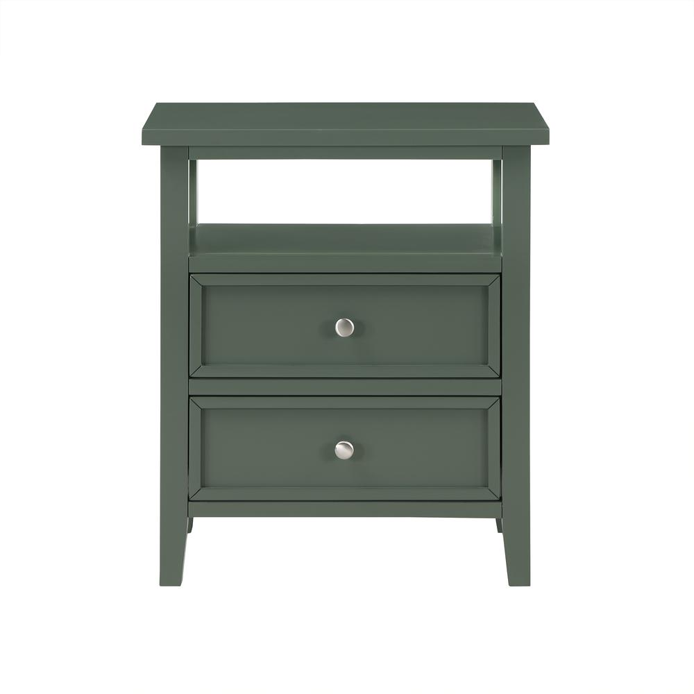 Vintage green Walker nightstand with two drawers, made by Start2Finish, featuring a classic furniture design and wooden finish.