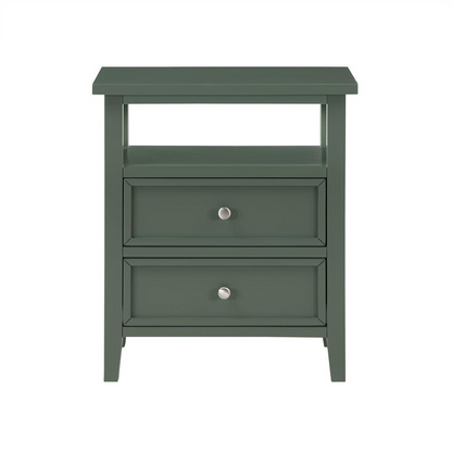 Vintage green Walker nightstand with two drawers, made by Start2Finish, featuring a classic furniture design and wooden finish.