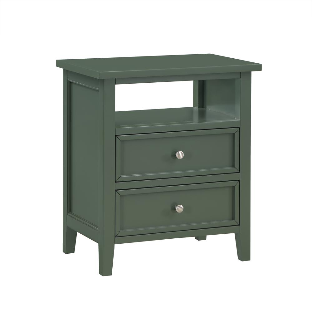 Vintage green Walker nightstand with two drawers, made of furniture-grade wood, by Start2Finish, showcasing a classic design.