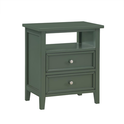 Vintage green Walker nightstand with two drawers, made of furniture-grade wood, by Start2Finish, showcasing a classic design.
