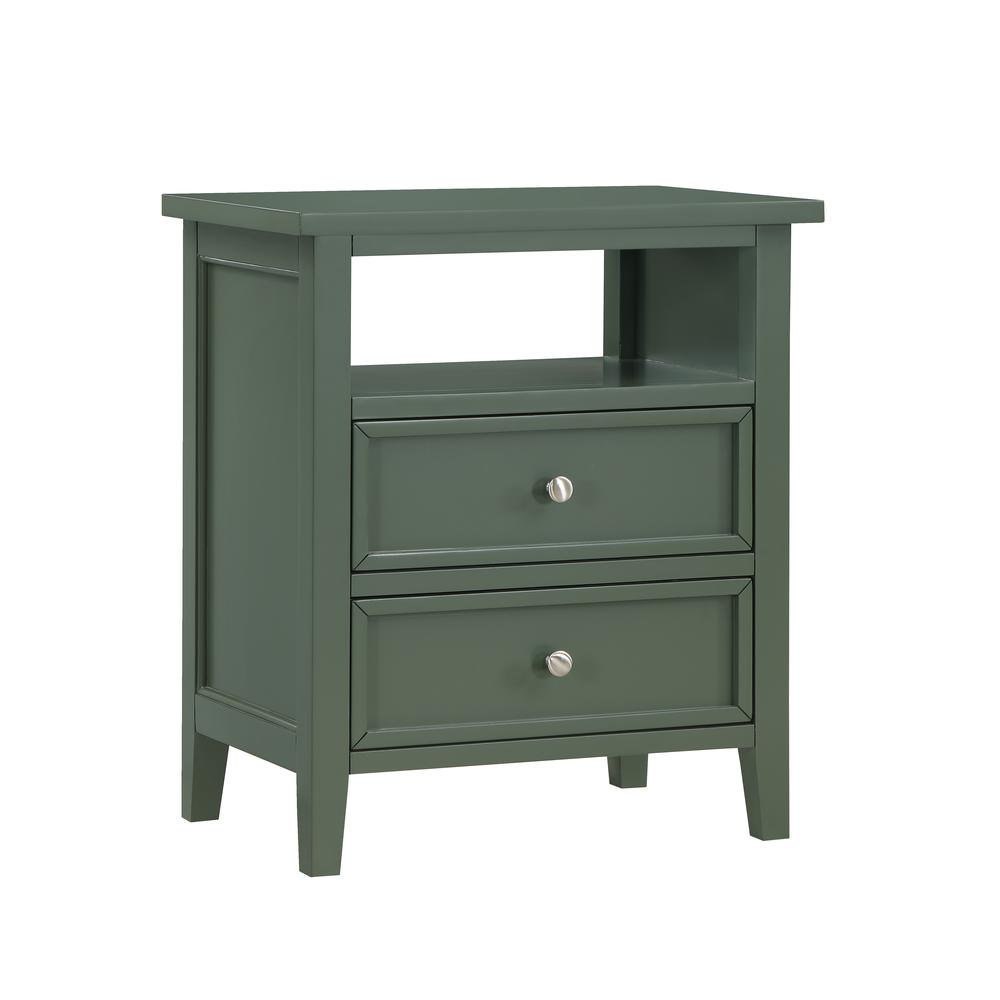 Vintage green Walker nightstand with two drawers, Start2Finish furniture piece, featuring a classic design and wooden finish.