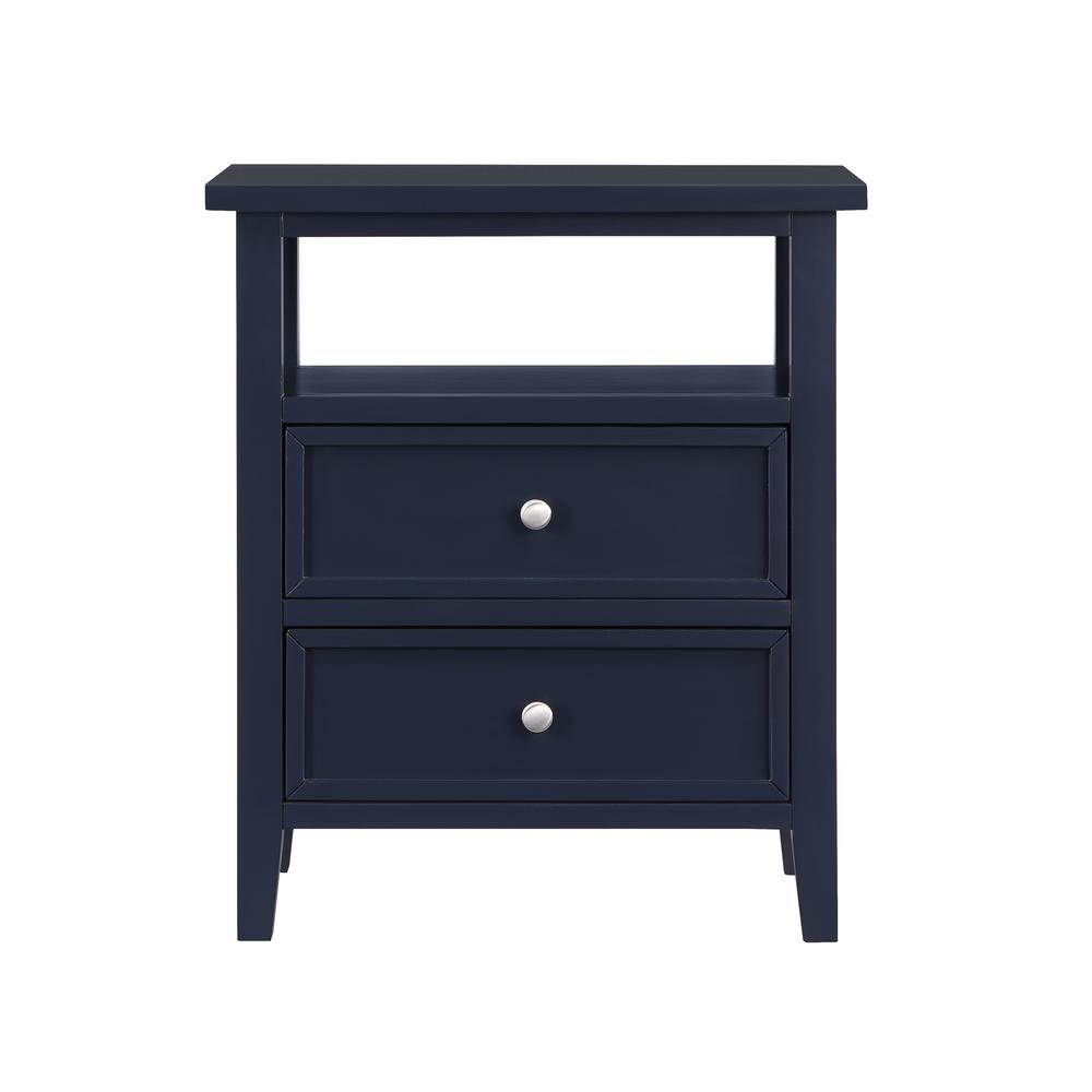 Midnight blue Start2Finish Walker nightstand with two drawers, modern furniture piece with sleek design and silver handles.
