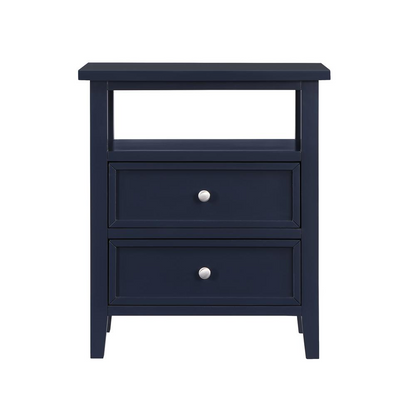 Midnight blue Start2Finish Walker nightstand with two drawers, modern furniture piece with sleek design and silver handles.