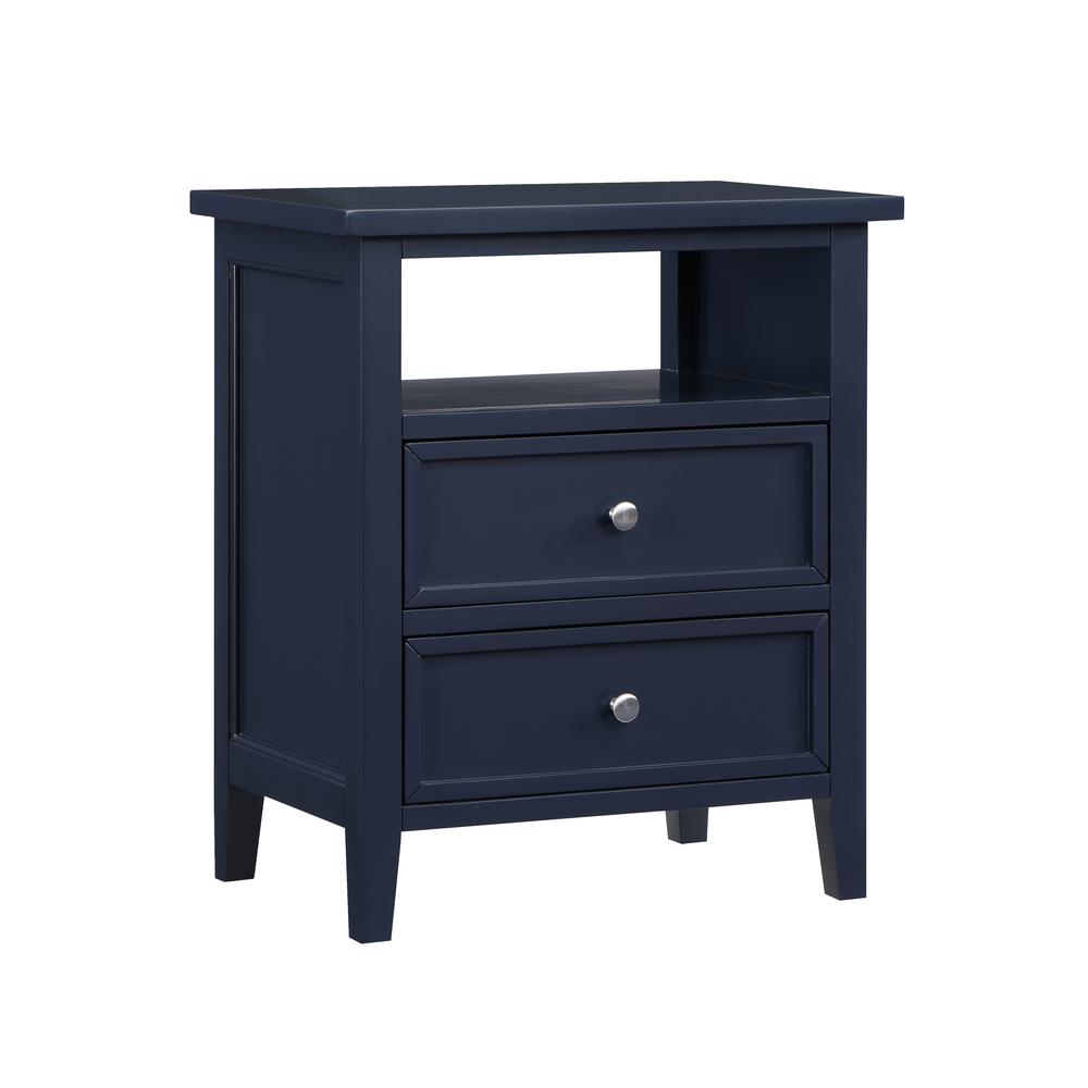 Midnight blue Start2Finish Walker nightstand with two drawers, modern furniture piece for bedroom storage and decor.
