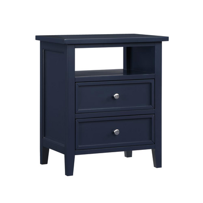 Midnight blue Start2Finish Walker nightstand with two drawers, modern furniture piece for bedroom storage and decor.