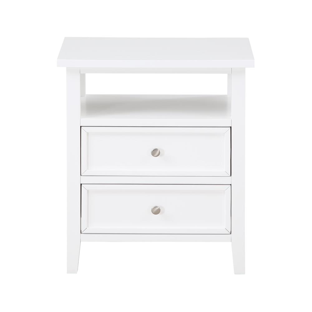 White Start2Finish Walker 2-drawer nightstand with sleek furniture design and modern hardware, shown in a well-lit bedroom setting.