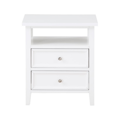 White Start2Finish Walker 2-drawer nightstand with sleek furniture design and modern hardware, shown in a well-lit bedroom setting.