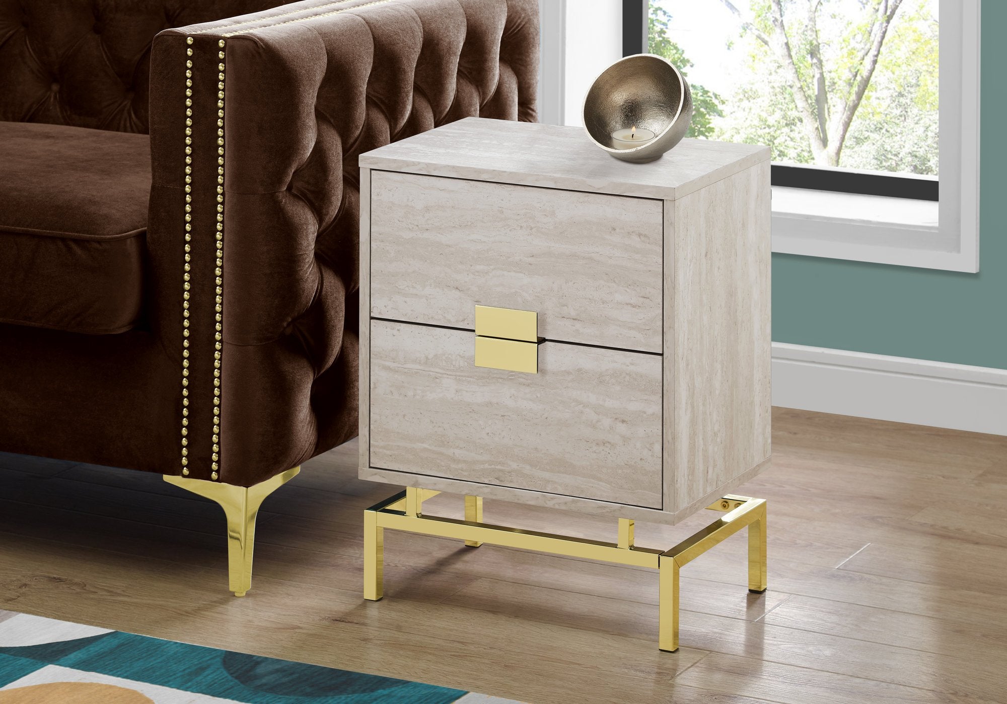 Image of a 23.5-inch particle board and chrome metal accent table with a modern design.