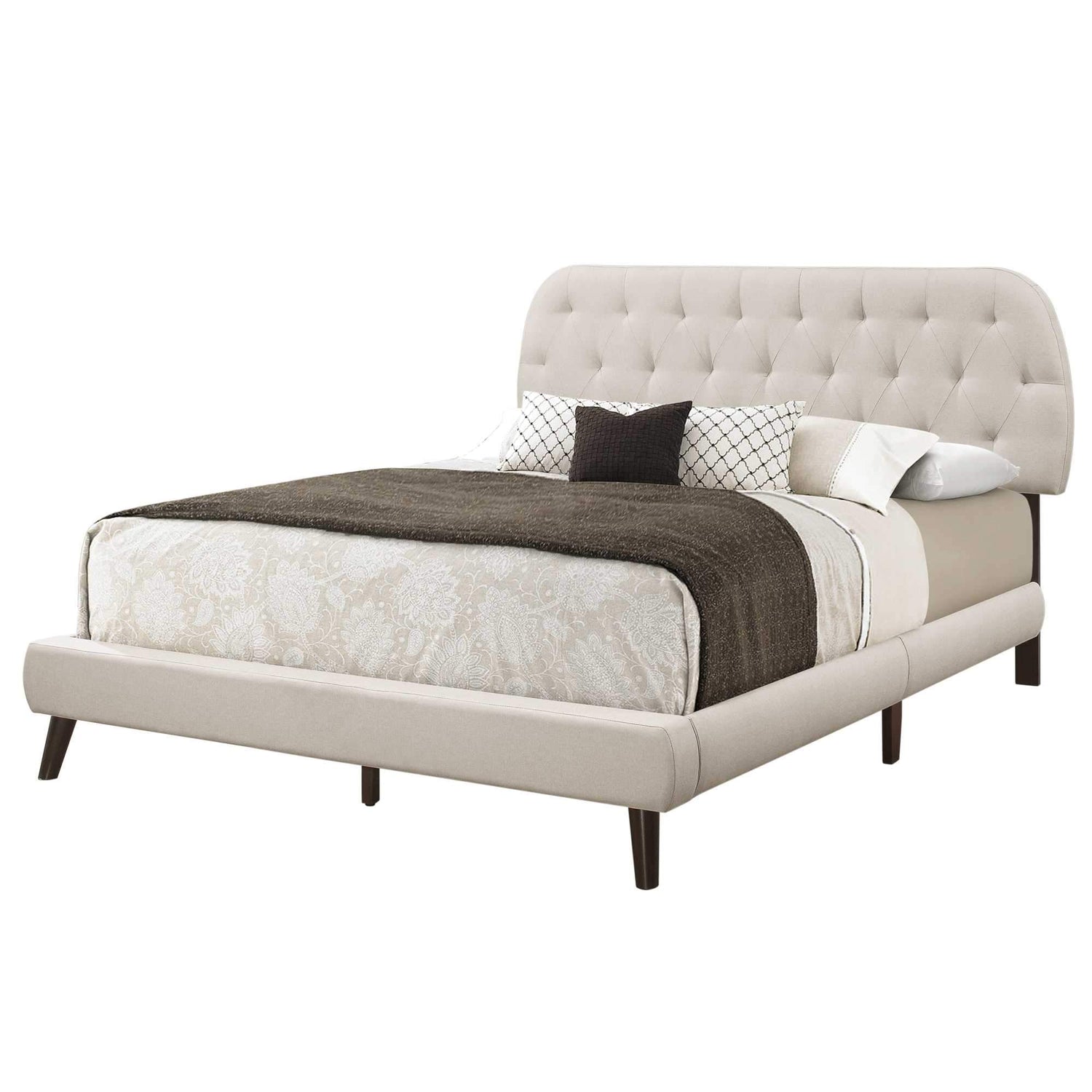 Grey foam and solid wood queen-sized bed by Jade with linen upholstery, measuring 70.5 x 87.25 x 45.25 inches.