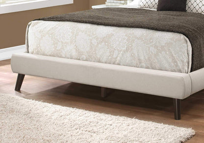 Grey foam and solid wood queen-sized bed by Jade with linen upholstery, measuring 70.5" x 87.25" x 45.25" in a modern furniture style.