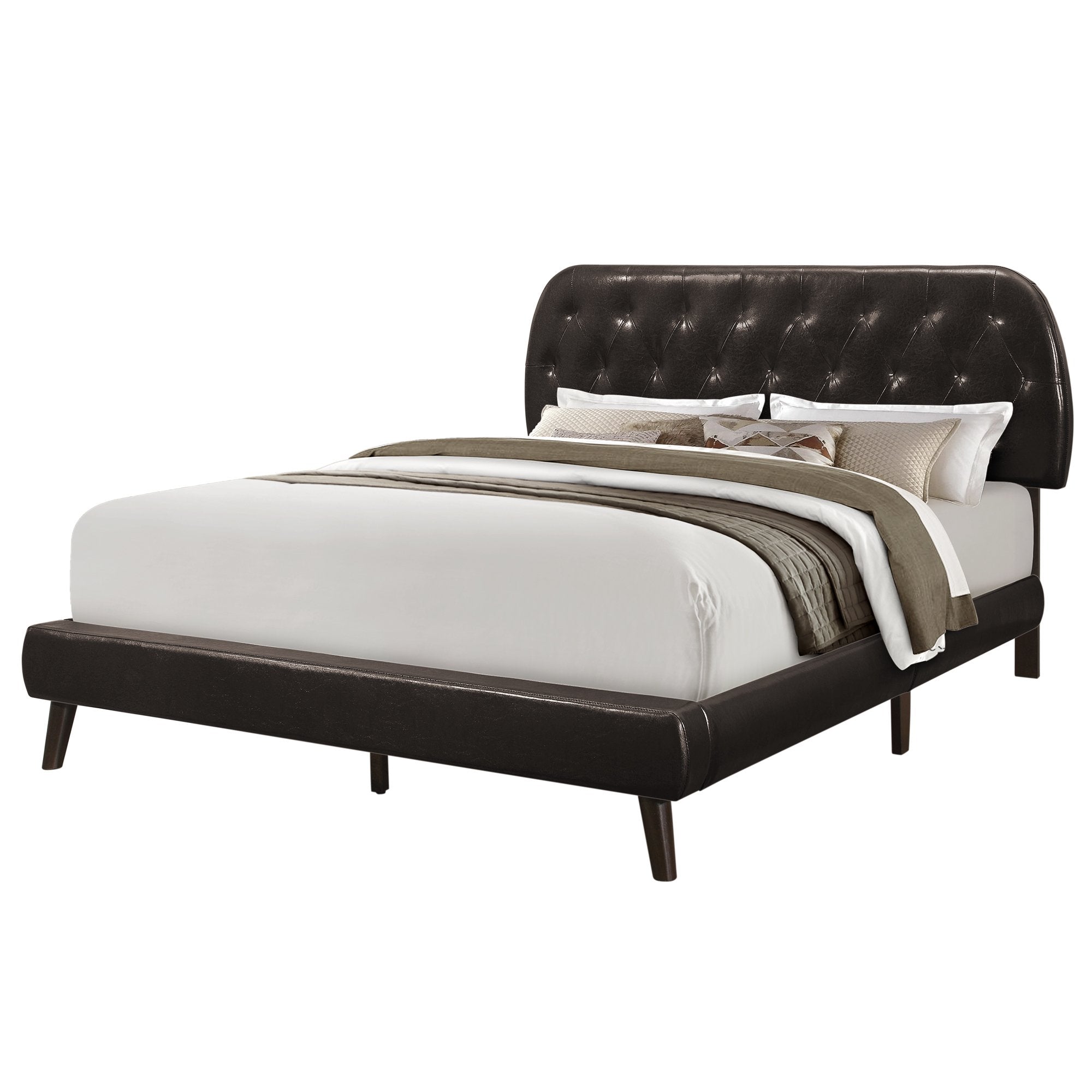 Grey foam and linen queen-sized bed frame from Jade with solid wood construction, measuring 70.5" by 87.25" by 45.25".