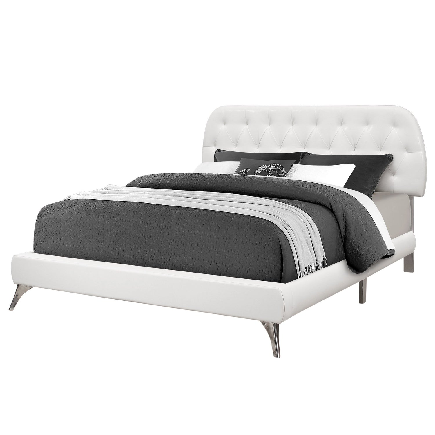 Grey foam and solid wood queen-sized bed by Jade with linen upholstery, measuring 70.5" x 87.25" x 45.25" in a modern furniture style.