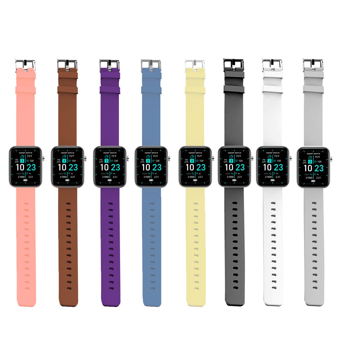Salmon Lucky advanced smartwatch with three interchangeable bands and wellness activity tracker, displaying digital screen and health metrics.