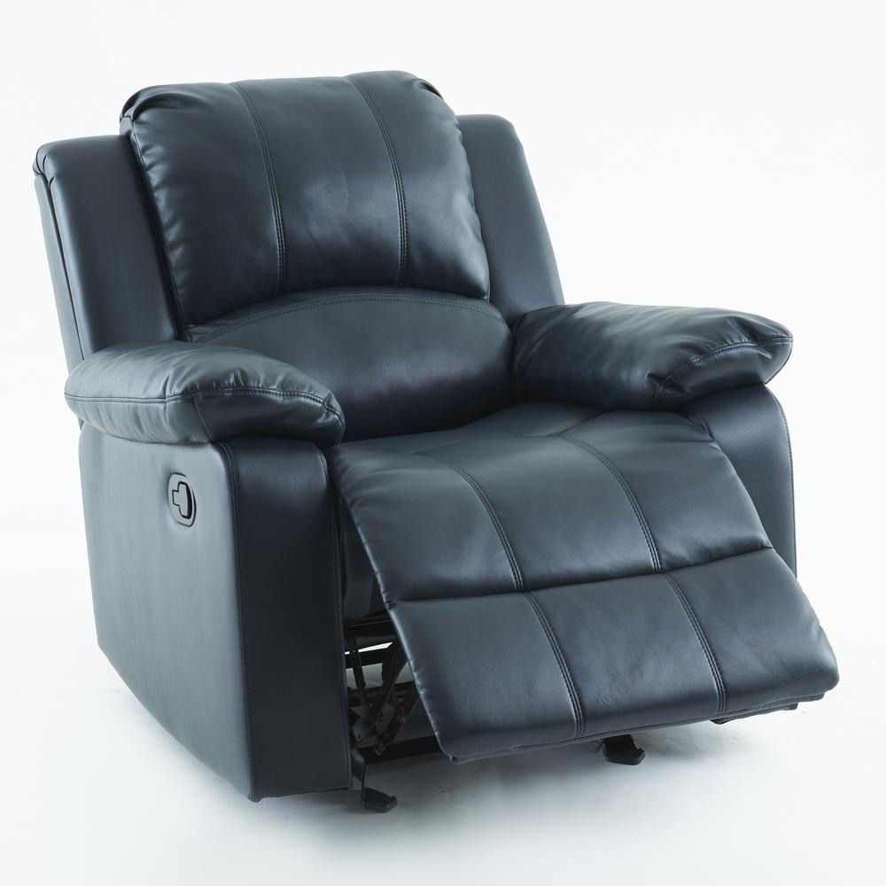 Clifton Midnight Blue Leather Gel Glider Rocker Recliner by Start2Finish, showcasing plush upholstery and a comfortable reclining design.