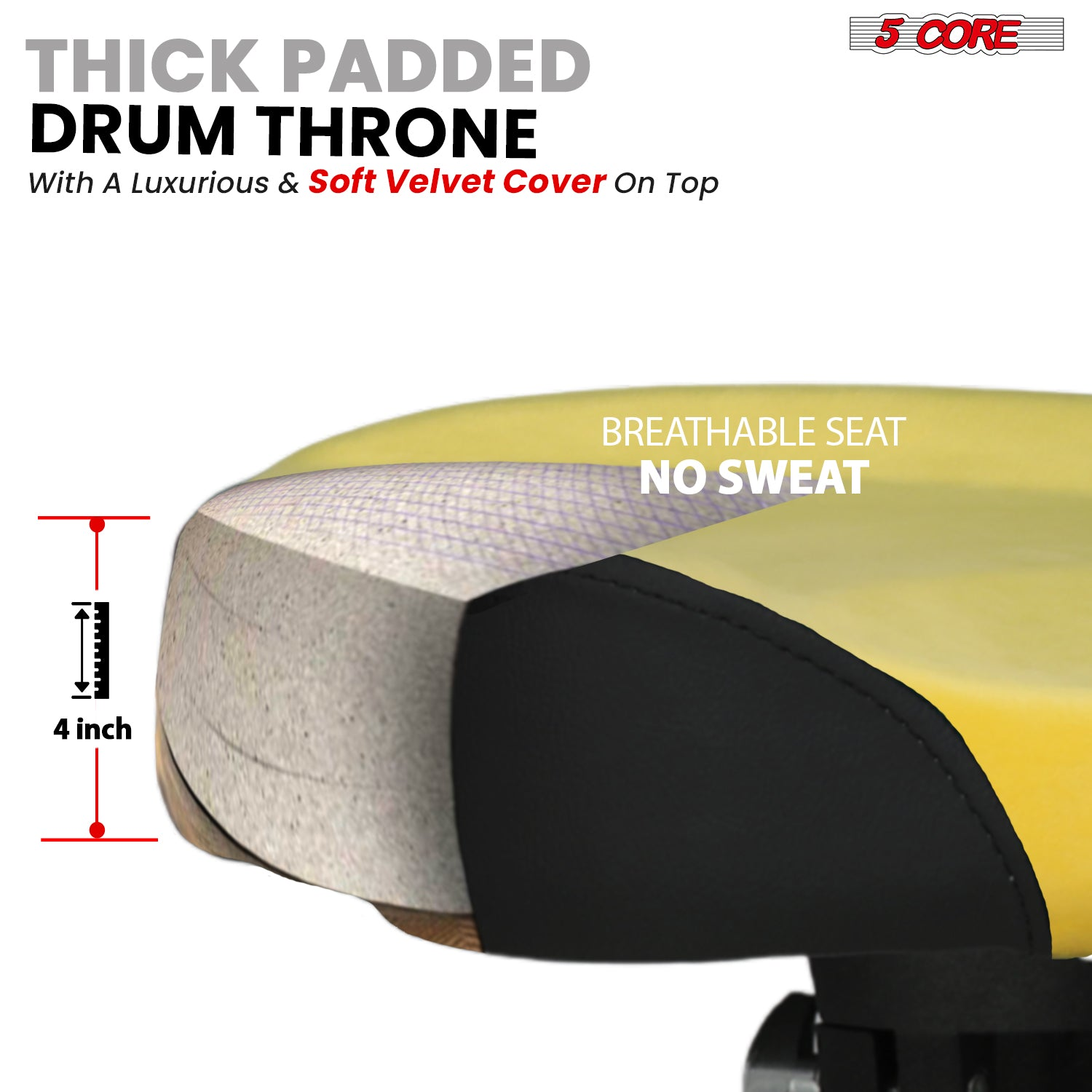 Start2Finish 5-core drum throne with 4-inch padded seat, backrest, and airlift adjustable height for ergonomic drumming comfort.