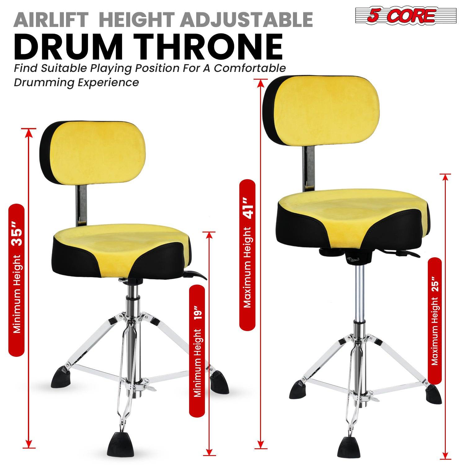 Start2Finish 5 Core Drum Throne with padded seat, backrest, and airlift adjustment, ergonomic drummer stool for musical instruments.