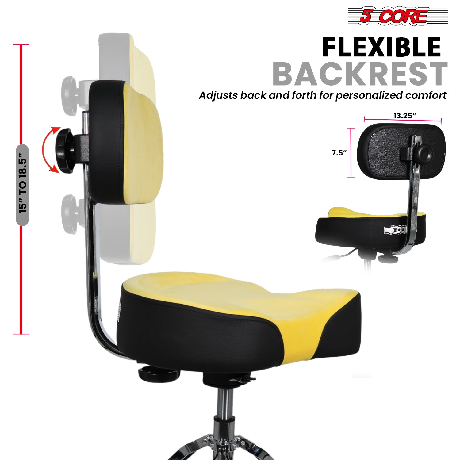 Start2Finish 5 Core Drum Throne with 4-inch padded seat, backrest, and airlift adjustment for ergonomic drumming comfort.