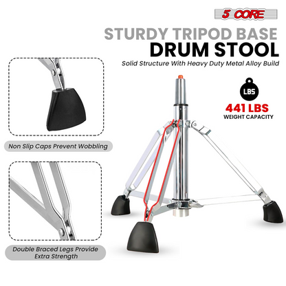 Start2Finish 5 Core Drum Throne with padded seat, backrest, and airlift adjustable height for ergonomic drumming comfort.