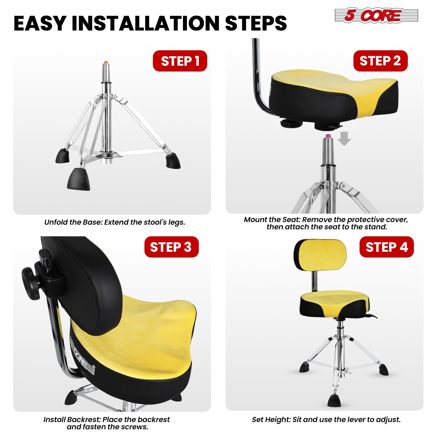 Start2Finish 5 Core Drum Throne with padded seat, backrest, and airlift adjustment for ergonomic comfort during drumming sessions.