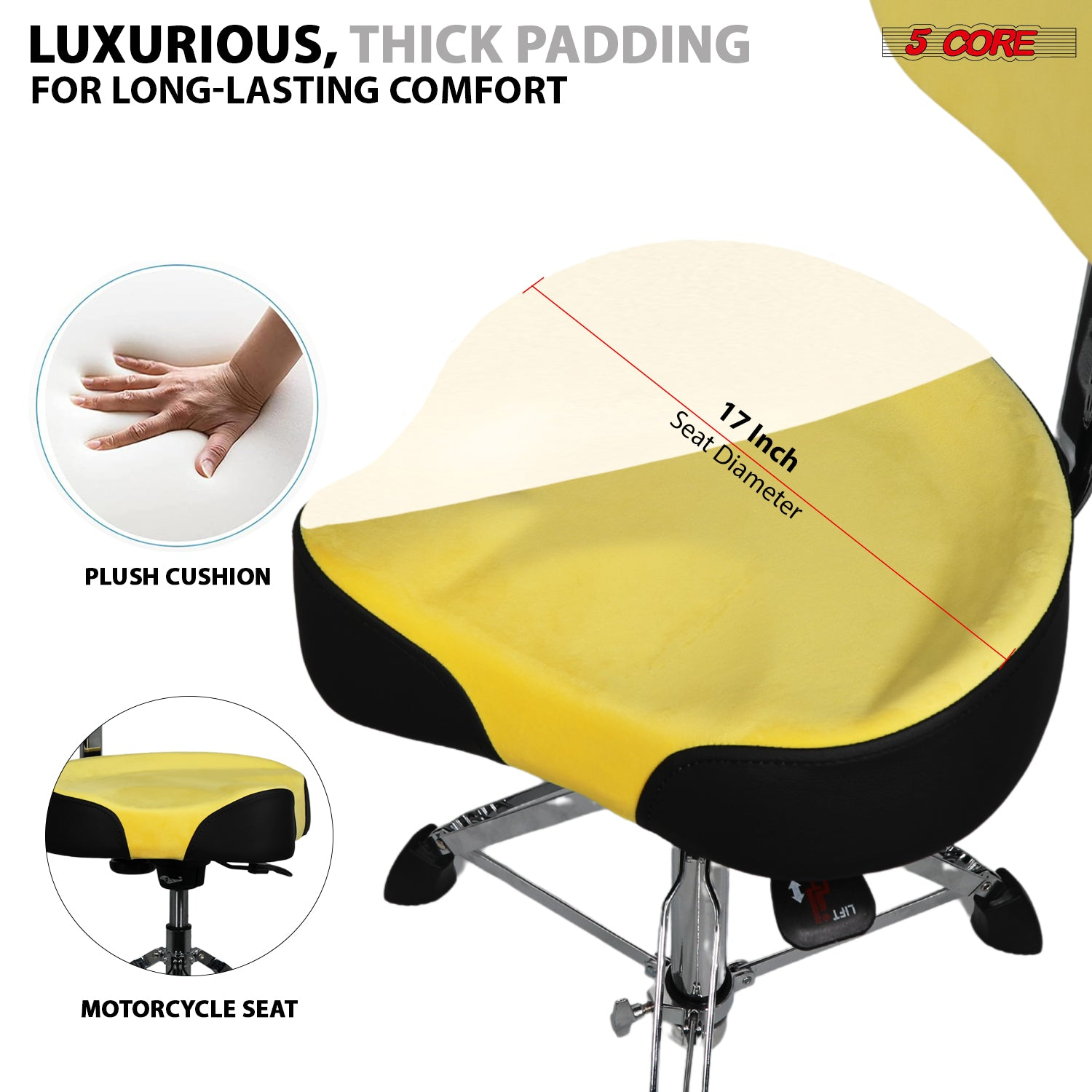 Start2Finish 5 Core Drum Throne with 4-inch padded seat, backrest, and airlift adjustment, ergonomic drummer stool for musical instruments.