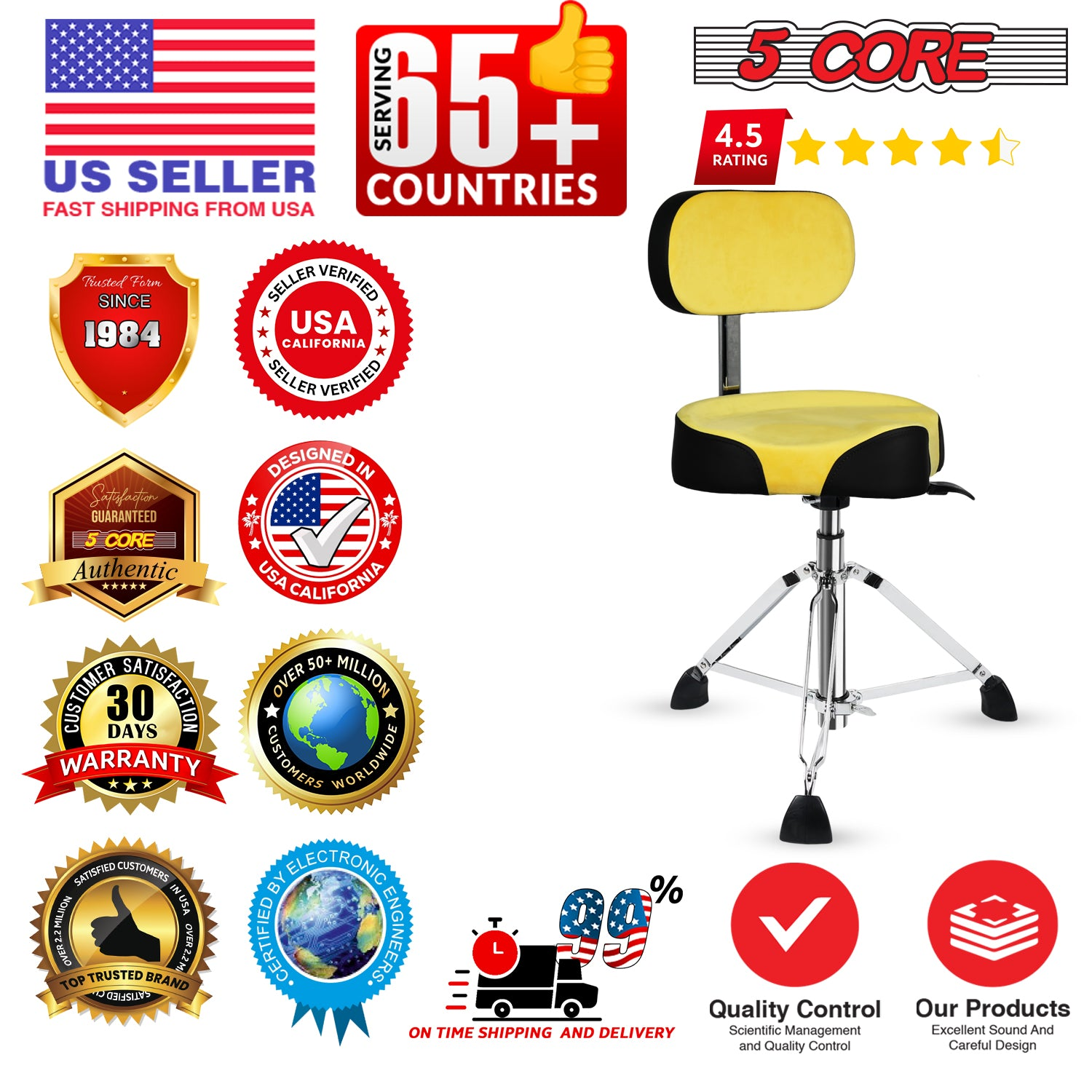 Start2Finish 5 Core Drum Throne with 4-inch padded seat, backrest, and airlift adjustment, ergonomic stool for drummers.