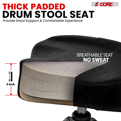 Start2Finish 5 Core Drum Throne with 4-inch padded seat, backrest, and airlift adjustable height for ergonomic drumming comfort.