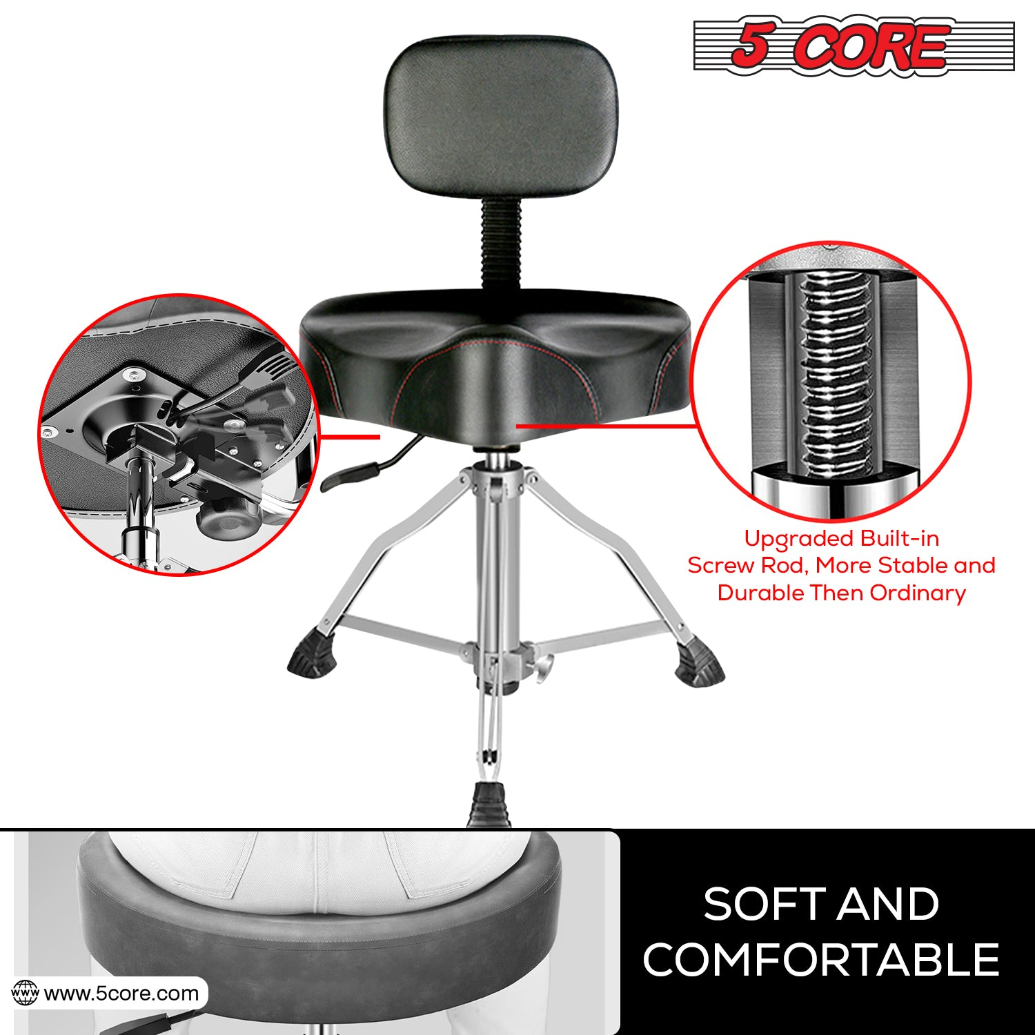 Start2Finish 5 Core Drum Throne with 4-inch padded seat, backrest, and airlift adjustment for ergonomic comfort for drummers.
