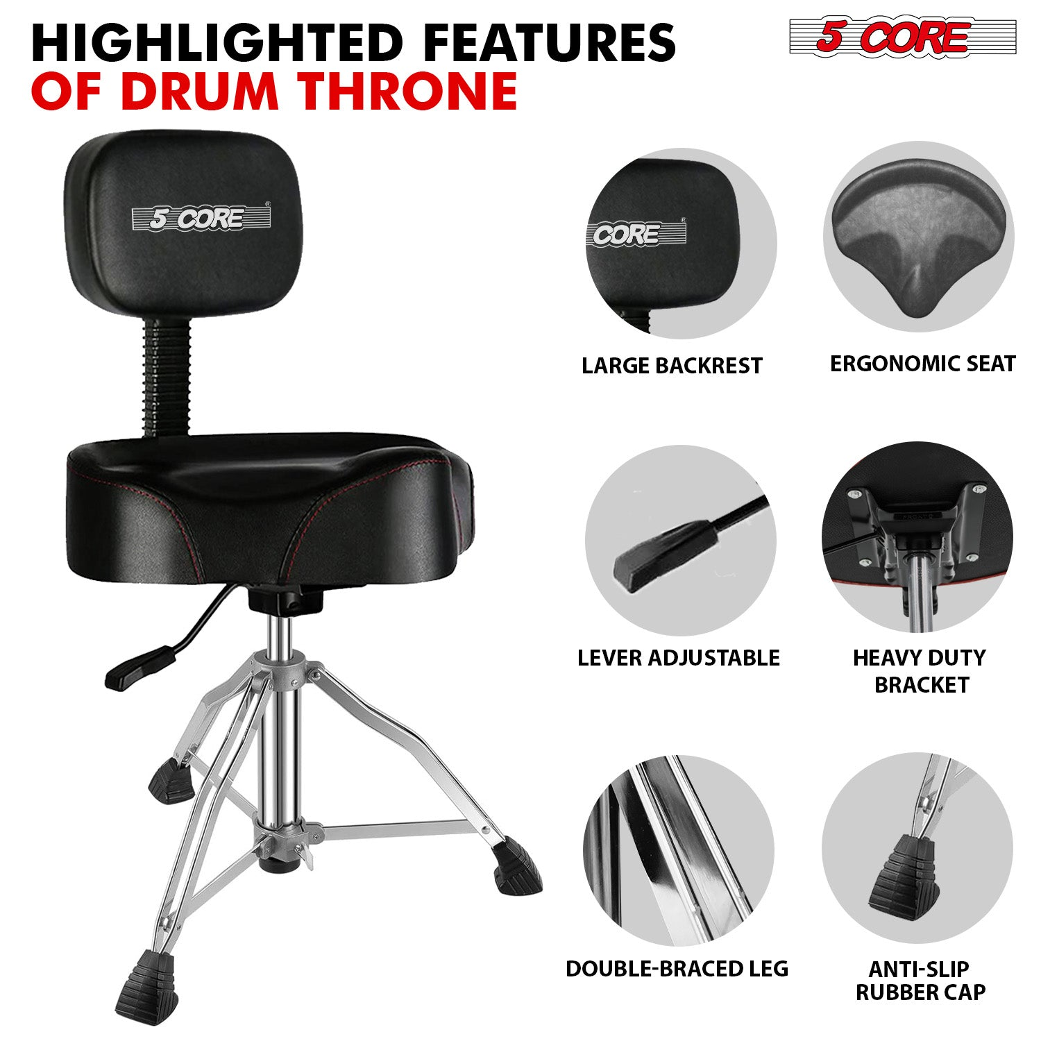 Start2Finish 5 Core Drum Throne with 4-inch padded seat, backrest, and airlift adjustment for ergonomic comfort during drumming sessions.