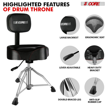 Start2Finish 5 Core Drum Throne with 4-inch padded seat, backrest, and airlift adjustment for ergonomic comfort during drumming sessions.