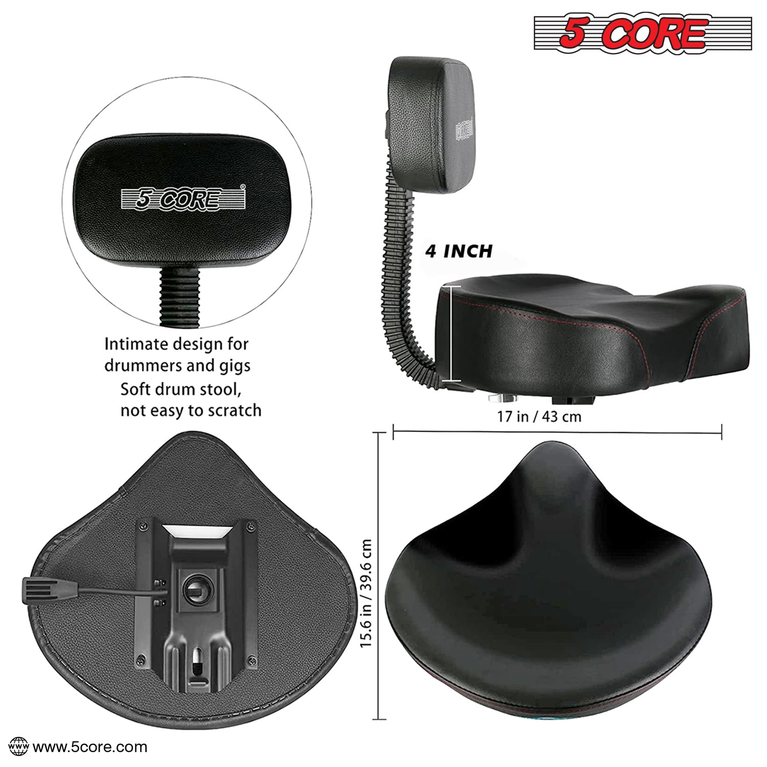 Start2Finish 5 Core Drum Thron with 4-inch padded seat, backrest, and airlift adjustment for ergonomic drumming comfort.