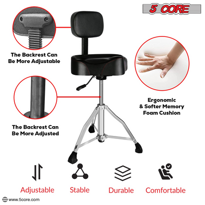 Start2Finish 5 Core Drum Throne with 4-inch padded seat, backrest, and airlift adjustable ergonomic drummer stool.